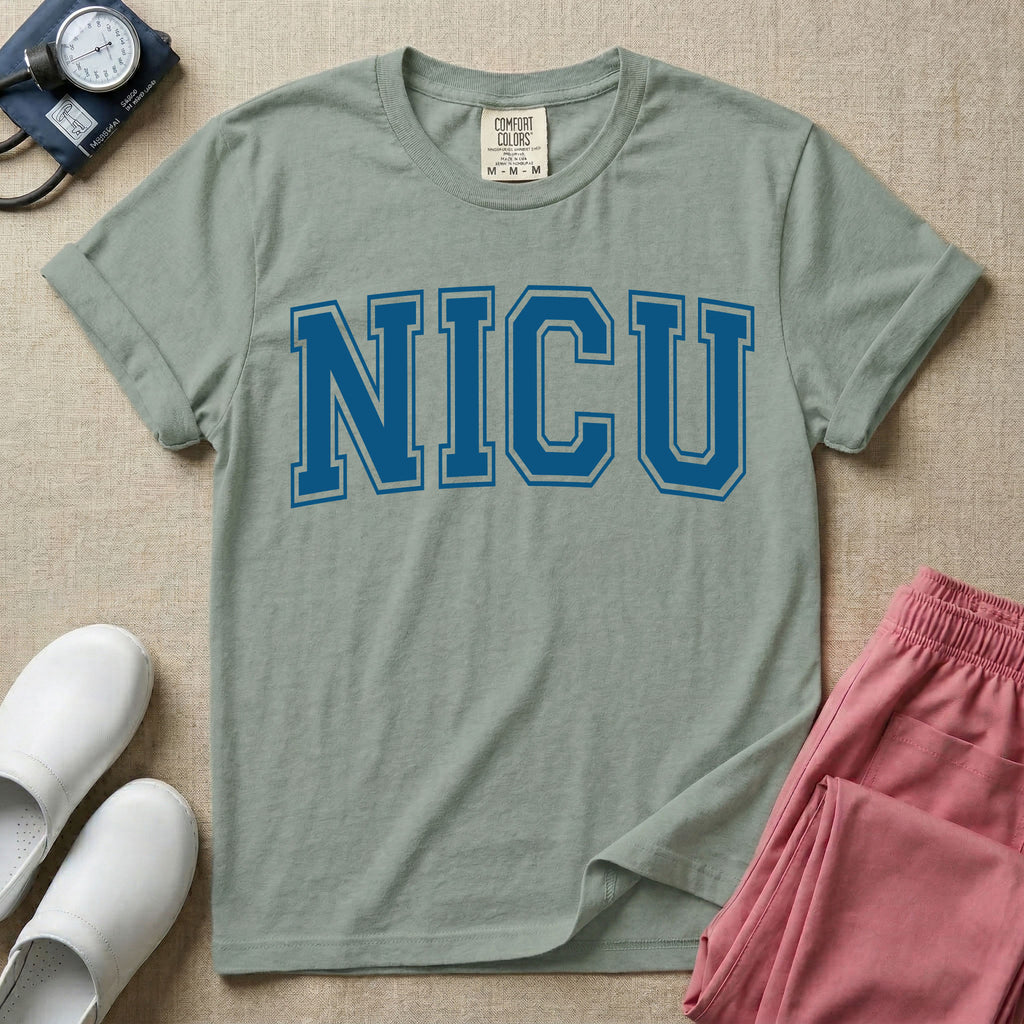 A minimalist graphic for the Neonatal Intensive Care Unit featuring the word 'NICU' printed in large, white, collegiate-style block letters across the chest.