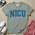 A minimalist graphic for the Neonatal Intensive Care Unit featuring the word 'NICU' printed in large, white, collegiate-style block letters across the chest.