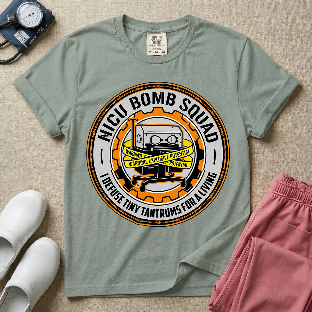 Neonatal Intensive Care Unit NICU nurse t-shirt with funny bomb squad defusing tiny tantrums graphic in bay color.