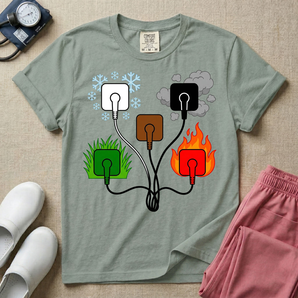 A minimalist t-shirt for nurses featuring an ECG lead placement mnemonic graphic with five connected electrical plugs, illustrating white snow over green grass, black smoke over red fire, and a central brown plug.