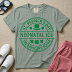 A circular green graphic featuring a leprechaun hat, shamrocks, and the text ST. PATRICK'S DAY SHENANIGANS SQUAD surrounding a center banner that reads NEONATAL ICU.