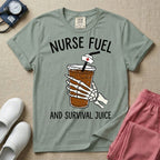 General nursing t-shirt featuring a graphic of a skeleton hand holding an iced coffee cup with a nurse cap on the straw and the text "NURSE FUEL AND SURVIVAL JUICE"