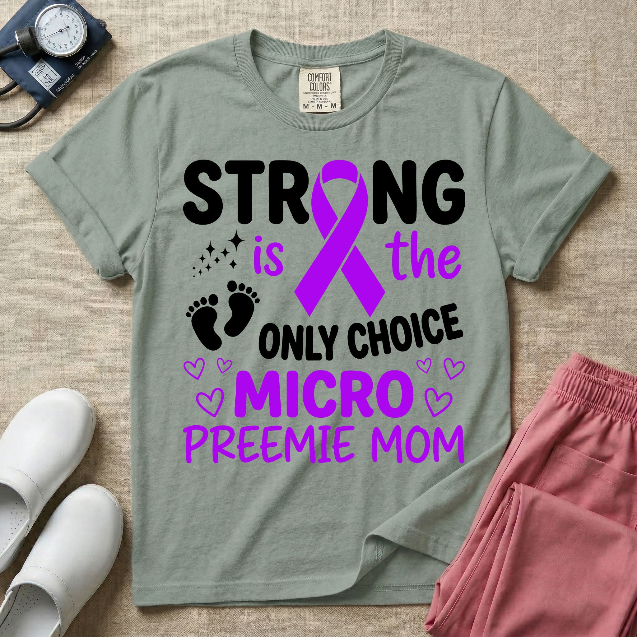 A graphic for the Neonatal Intensive Care Unit featuring the text 'STRONG is the ONLY CHOICE' stacked above 'MICRO PREEMIE MOM', incorporating a large purple awareness ribbon, tiny baby footprints, and small purple outline hearts.
