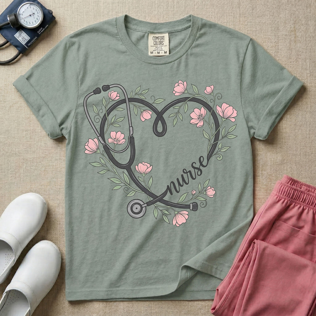 General nursing t-shirt featuring a heart-shaped stethoscope design intertwined with pink flowers and the cursive text "nurse".