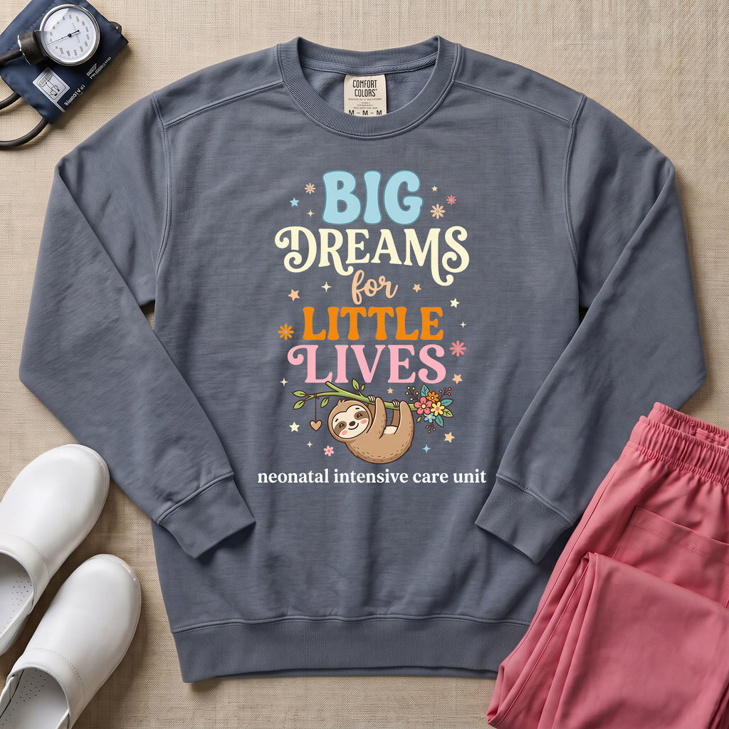 Big Dreams For Little Lives Cute Sloth NICU Nurse Sweatshirt - Blue Jean Comfort Colors Sweatshirt | HugTee