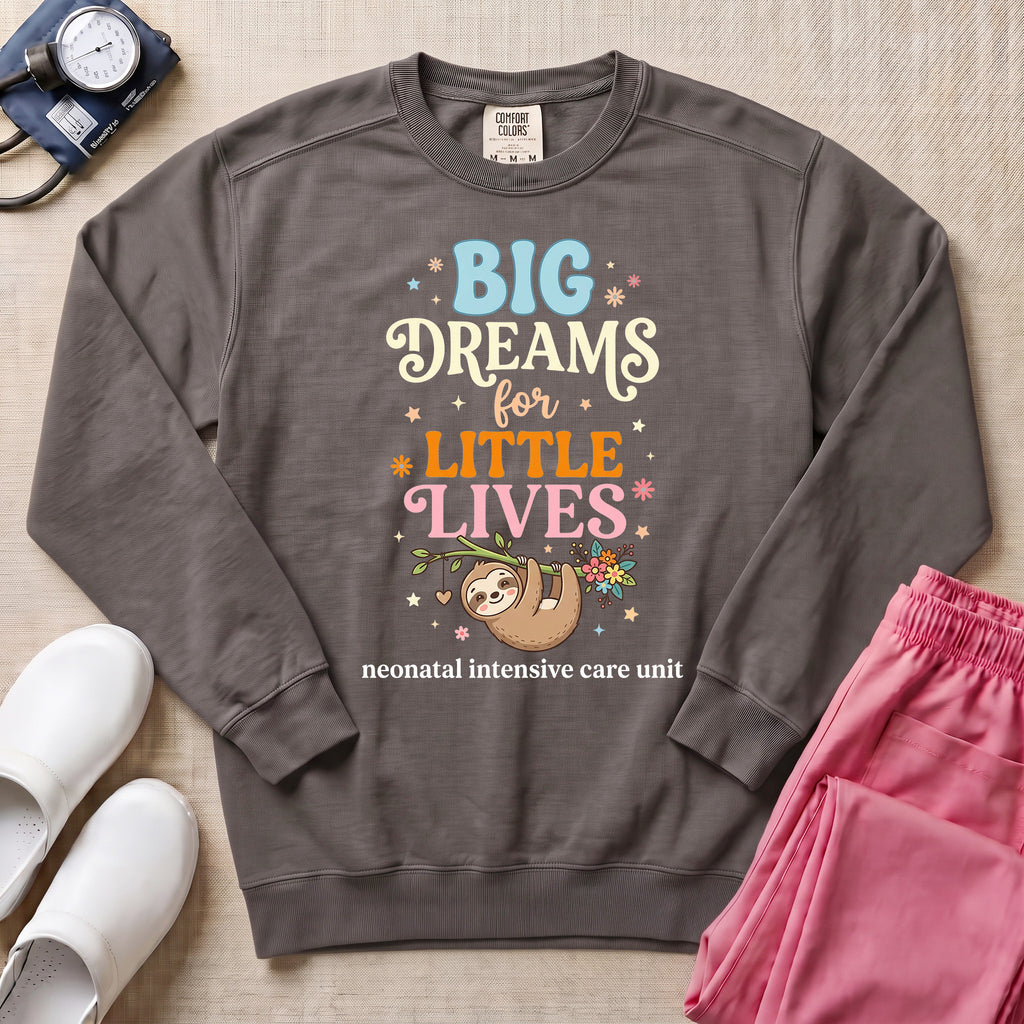 Big Dreams For Little Lives Cute Sloth NICU Nurse Sweatshirt - Pepper Lifestyle Hero Mockup | HugTee