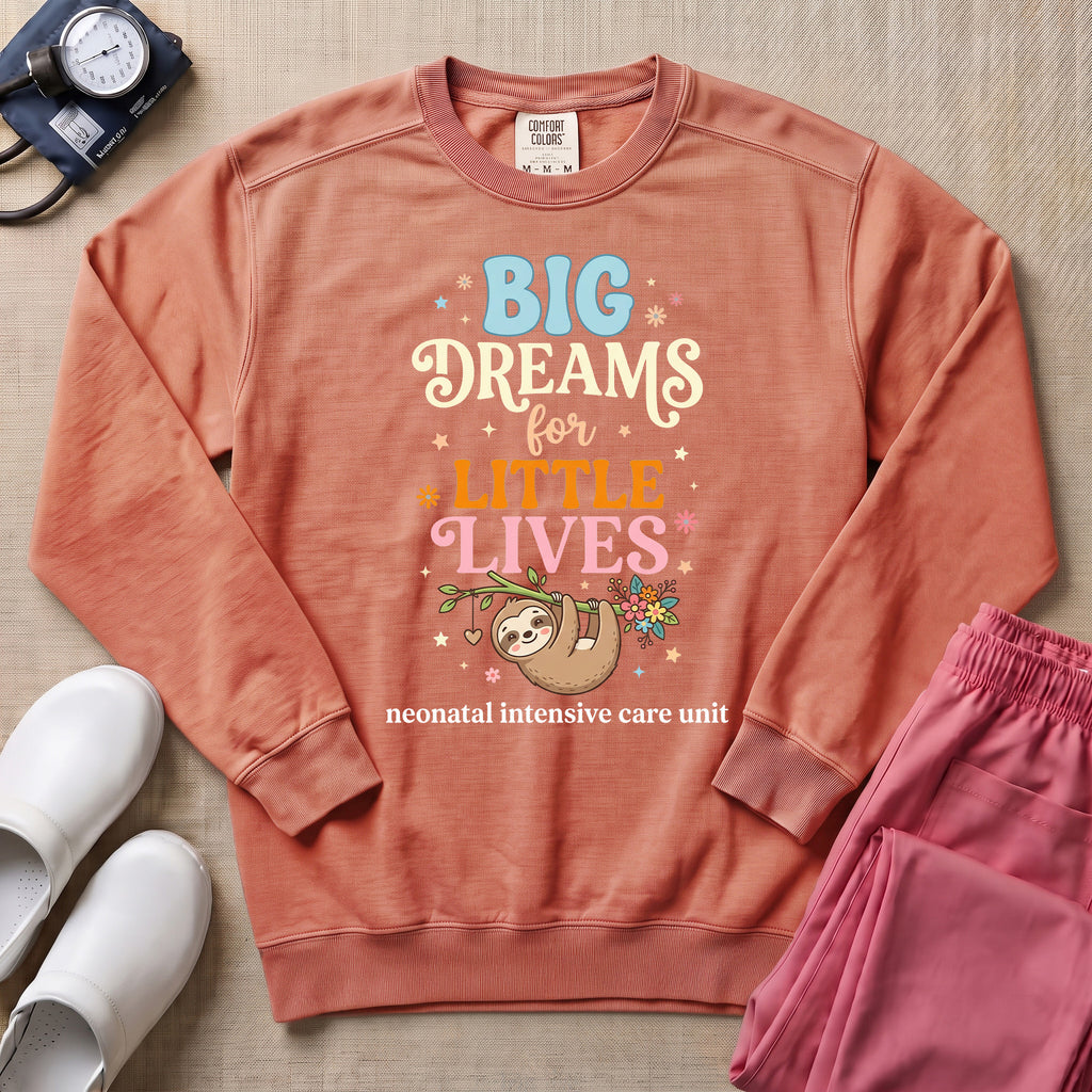 Big Dreams For Little Lives Cute Sloth NICU Nurse Sweatshirt - Terracotta Comfort Colors Sweatshirt | HugTee