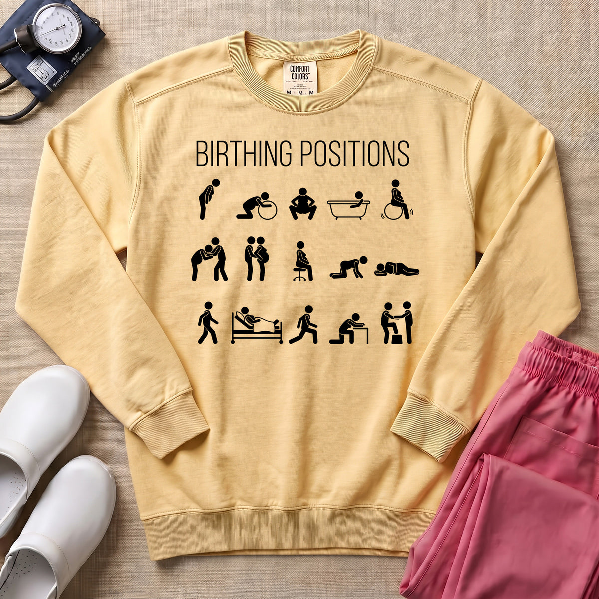 Minimalist Birthing Positions L&D Nurse Midwife Sweatshirt - Butter Comfort Colors Sweatshirt | HugTee