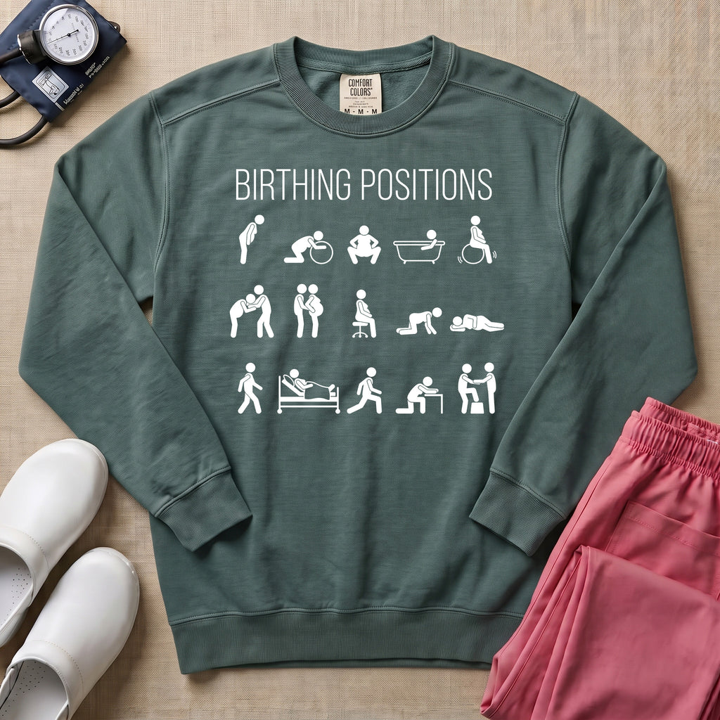 Minimalist Birthing Positions L&D Nurse Midwife Sweatshirt - Blue Spruce Comfort Colors Sweatshirt | HugTee