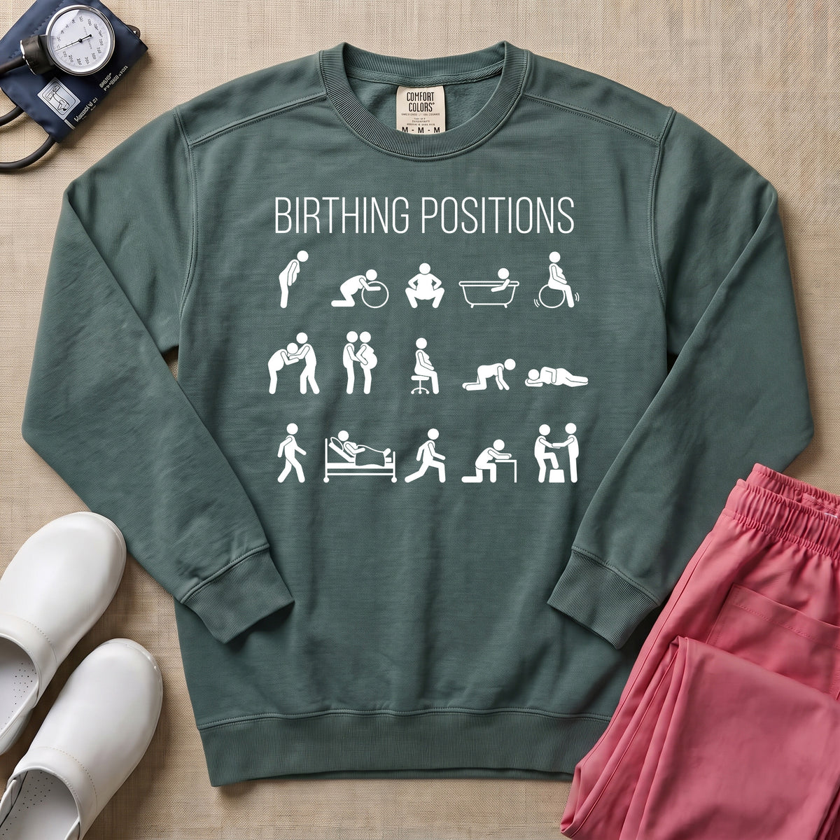 Minimalist Birthing Positions L&D Nurse Midwife Sweatshirt - Blue Spruce Comfort Colors Sweatshirt | HugTee