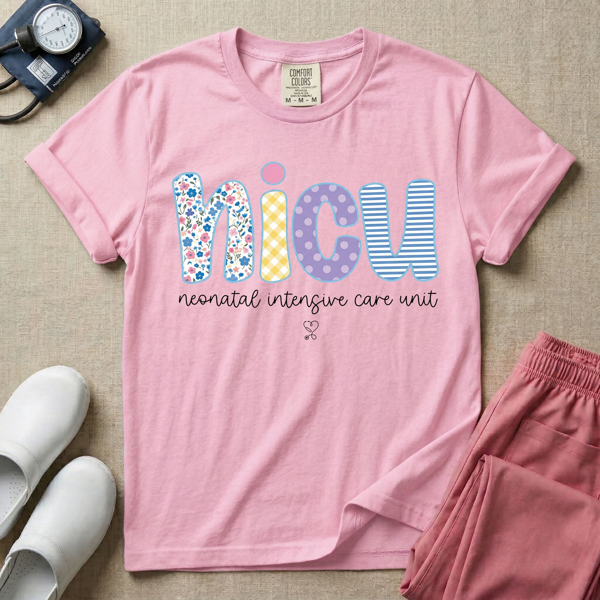 Neonatal Intensive Care Unit NICU nurse t-shirt with boho floral block letters in blossom color.