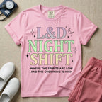 Labor and Delivery L&D night shift nurse t-shirt with pastel typography where the spirits are low and the crowning is high graphic in blossom color.