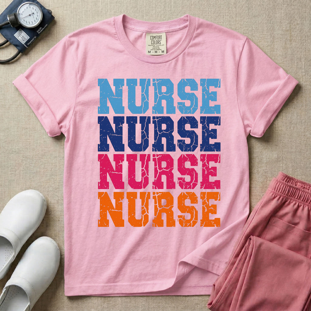 A t-shirt featuring the word NURSE repeated four times in a stacked vertical layout with a distressed, vintage texture in blue, navy, pink, and orange colors.