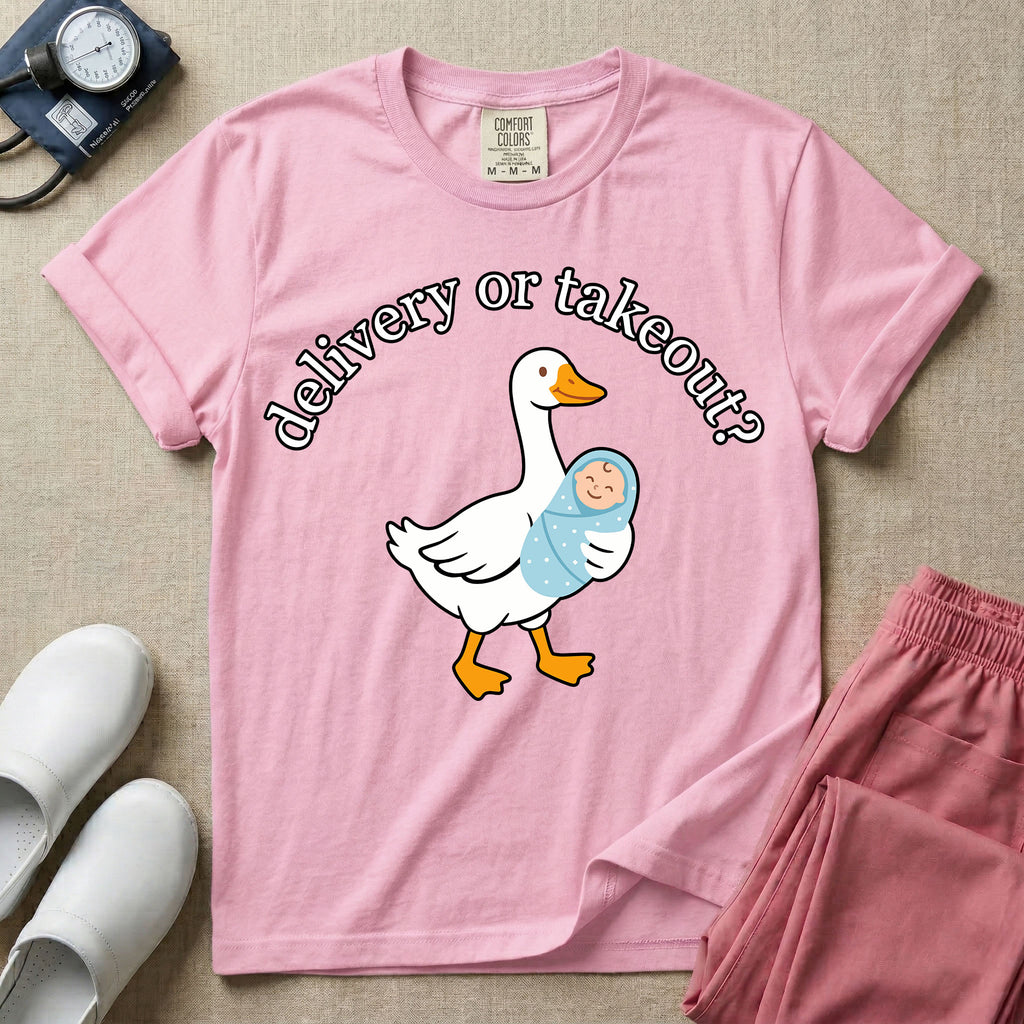 A funny L&D nursing t-shirt featuring a graphic of a white silly goose carrying a baby in a blue swaddle in its beak, surrounded by the humorous arched text "delivery or takeout?".