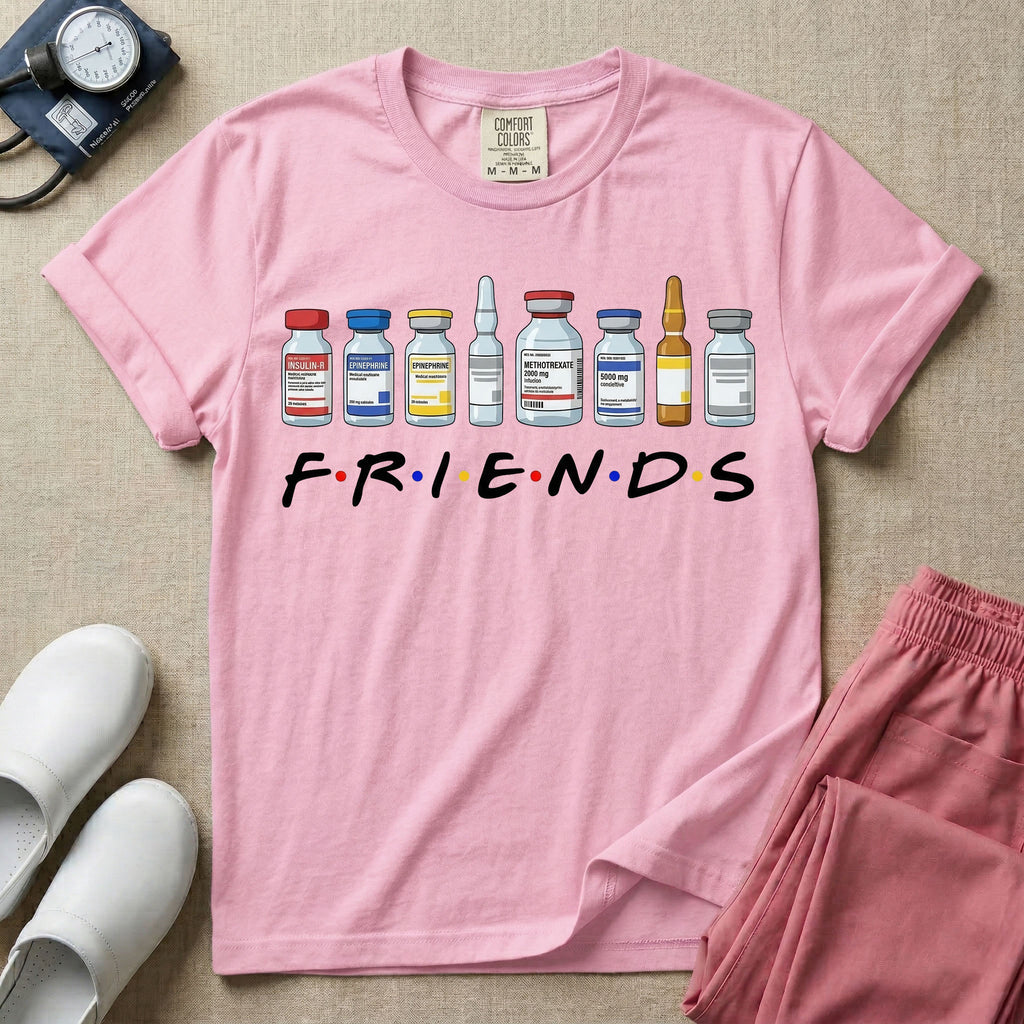 A humorous retro-style t-shirt for nurses featuring a row of seven different medical vials and medicine ampules lined up above the word "FRIENDS", which is styled with colored dots between the letters to resemble the classic television show logo.