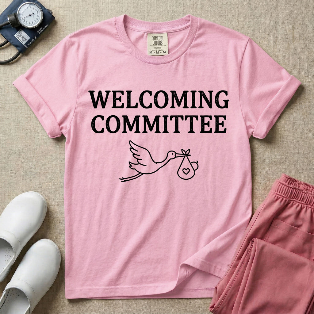 Labor and Delivery nurse graphic featuring a simple white outline of a flying stork carrying a baby bundle with a heart, placed below the text WELCOMING COMMITTEE.