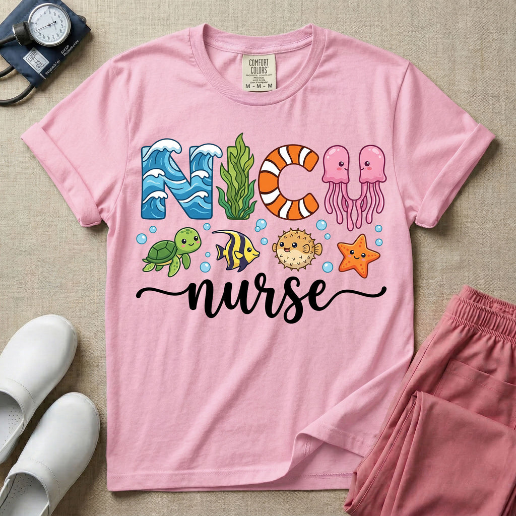 A cute t-shirt for NICU nurses featuring the text "NICU nurse" where the letters are designed with ocean elements like waves, seaweed, and a jellyfish, surrounded by under the sea creatures including a sea turtle, tropical fish, pufferfish, and starfish.