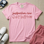 A t-shirt featuring the lowercase text postpartum crew in a cursive script font above a horizontal row of minimalist line-art icons including a baby chick, a pacifier, a baby bottle, a heart-shaped stethoscope, a swaddled baby, baby footprints, and a ribbon bow.