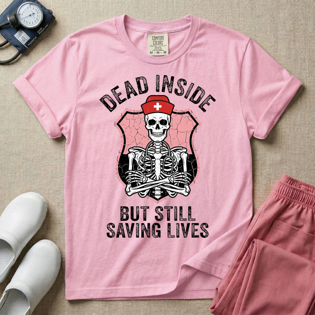 General nursing nurse t-shirt with a funny skeleton dead inside but still saving lives graphic in blossom color.