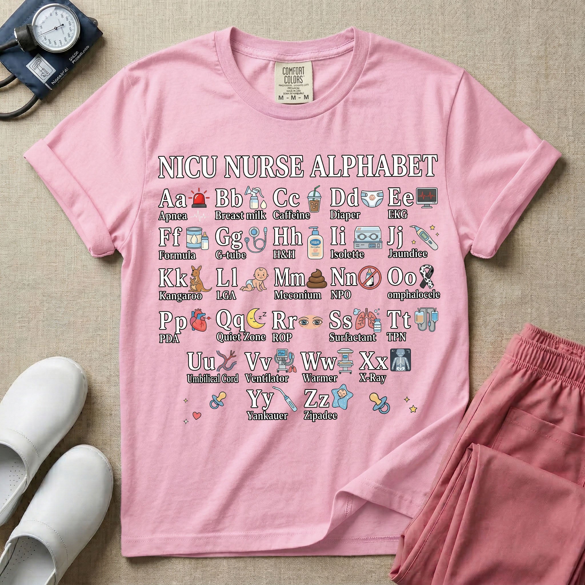 A graphic for a Neonatal Intensive Care Unit featuring the text 'NICU NURSE ALPHABET' above a comprehensive grid displaying the letters A through Z, each paired with a tiny medical illustration and term related to NICU nursing.