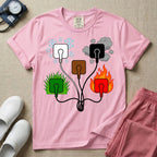 A minimalist t-shirt for nurses featuring an ECG lead placement mnemonic graphic with five connected electrical plugs, illustrating white snow over green grass, black smoke over red fire, and a central brown plug.