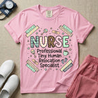 A humorous graphic for labor and delivery, postpartum, and neonatal nurses featuring the word 'NURSE' in large, mismatched patterned letters including leopard print and florals, stacked above the phrase 'Professional Tiny Human Relocation Specialist', and surrounded by cute doodles of decorated bandaids, baby footprints, a rattle, and a coffee mug.