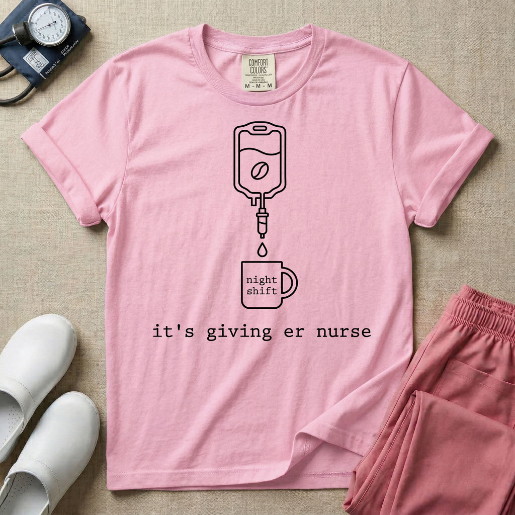 A funny minimalist ER nursing t-shirt featuring a white line drawing of an IV bag containing a coffee bean dripping into a mug labeled "night shift", sitting above the lower-case typewriter text "it's giving er nurse".