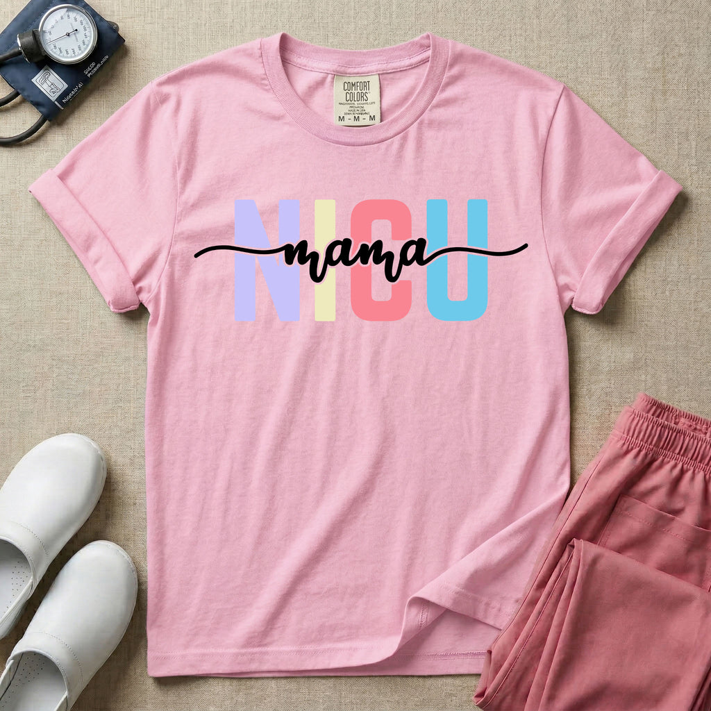 A graphic for the Neonatal Intensive Care Unit featuring the word 'NICU' in large, colorful pastel block letters with the word 'mama' written in a flowing white cursive font across the center.