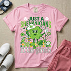 General nursing nurse t-shirt with a retro clover just a shenanigans little pinch graphic in blossom color.