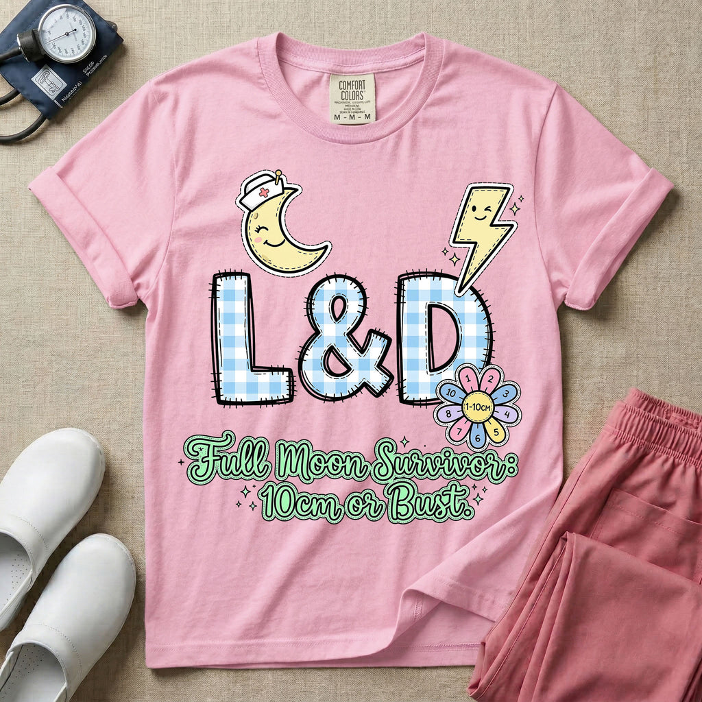 Labor and Delivery L&D nurse t-shirt with a retro full moon energies mom or bust graphic in blossom color.