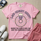 Labor and Delivery L&D night shift nurse t-shirt with a funny retro donut graphic where the spirits are low and the crowning is high in blossom color.
