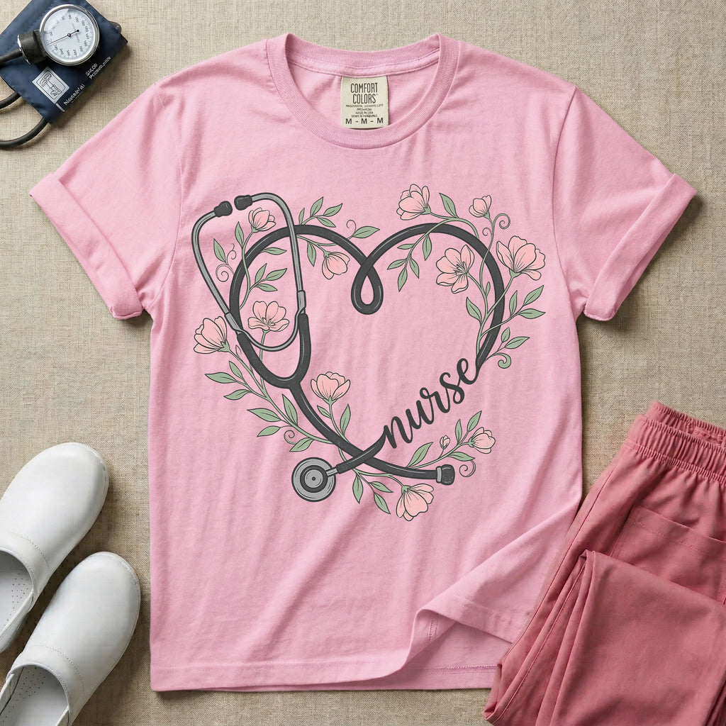 General nursing t-shirt featuring a heart-shaped stethoscope design intertwined with pink flowers and the cursive text "nurse".