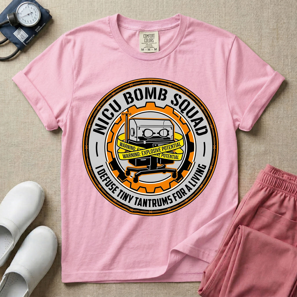 Neonatal Intensive Care Unit NICU nurse t-shirt with funny bomb squad defusing tiny tantrums graphic in blossom color.