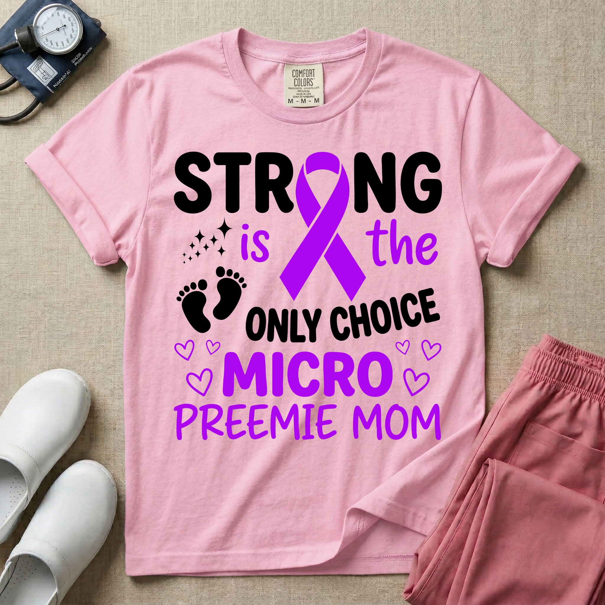 A graphic for the Neonatal Intensive Care Unit featuring the text 'STRONG is the ONLY CHOICE' stacked above 'MICRO PREEMIE MOM', incorporating a large purple awareness ribbon, tiny baby footprints, and small purple outline hearts.