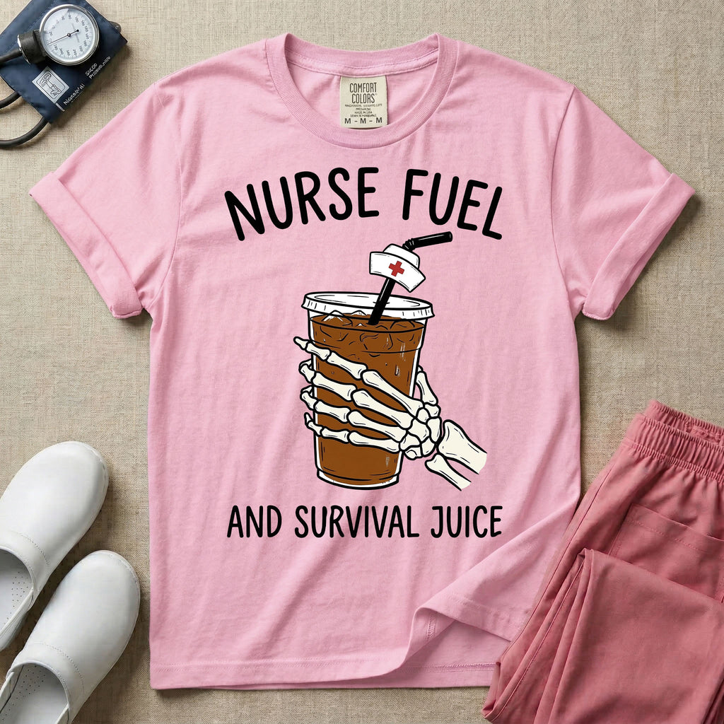 General nursing t-shirt featuring a graphic of a skeleton hand holding an iced coffee cup with a nurse cap on the straw and the text "NURSE FUEL AND SURVIVAL JUICE"
