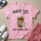 General nursing t-shirt featuring a graphic of a skeleton hand holding an iced coffee cup with a nurse cap on the straw and the text "NURSE FUEL AND SURVIVAL JUICE"
