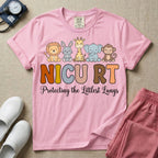 Neonatal Intensive Care Unit NICU RT respiratory therapist t-shirt featuring a row of cute cartoon animals including a lion, bunny, giraffe, elephant, and monkey sitting on the text "NICU RT" positioned above the cursive text "Protecting the Littlest Lungs".