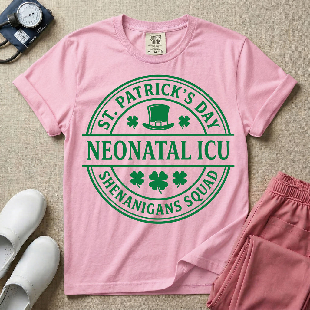 A circular green graphic featuring a leprechaun hat, shamrocks, and the text ST. PATRICK'S DAY SHENANIGANS SQUAD surrounding a center banner that reads NEONATAL ICU.