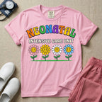 A retro-style graphic for a Neonatal Intensive Care Unit featuring the text 'NEONATAL' in colorful, arched bubbly letters above 'INTENSIVE CARE UNIT' and a row of four smiling daisy flowers.