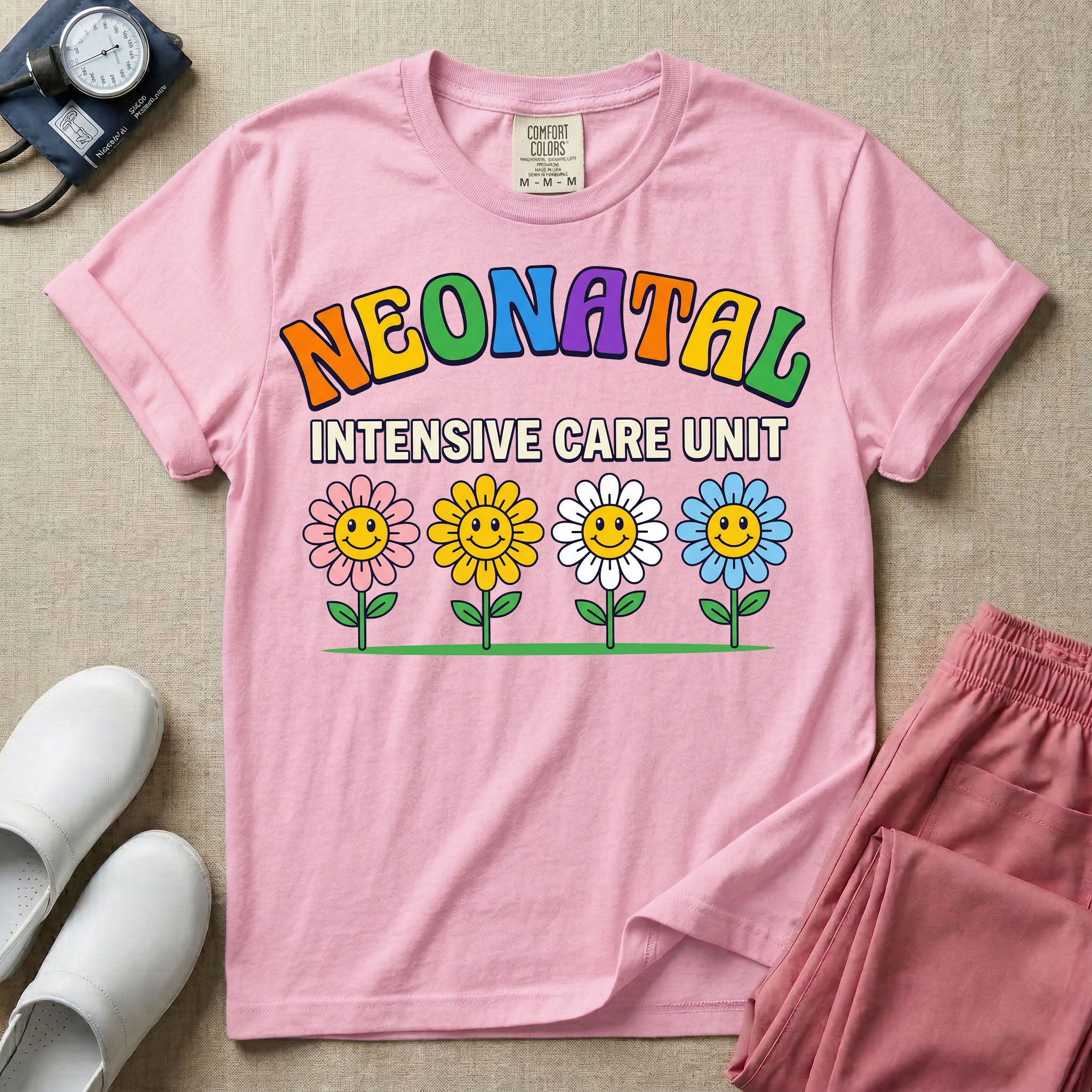 A retro-style graphic for a Neonatal Intensive Care Unit featuring the text 'NEONATAL' in colorful, arched bubbly letters above 'INTENSIVE CARE UNIT' and a row of four smiling daisy flowers.
