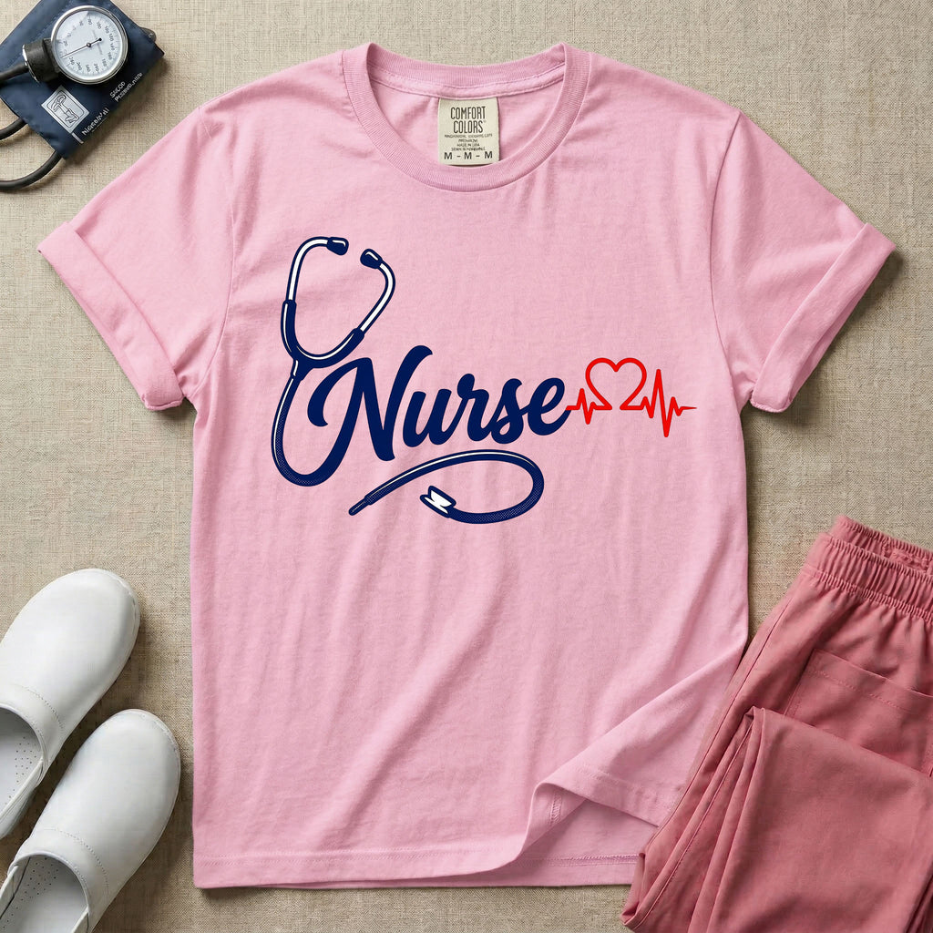 General nursing t-shirt with a minimalist cursive Nurse text integrated with a navy blue stethoscope and a red heartbeat graphic.