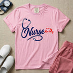 General nursing t-shirt with a minimalist cursive Nurse text integrated with a navy blue stethoscope and a red heartbeat graphic.