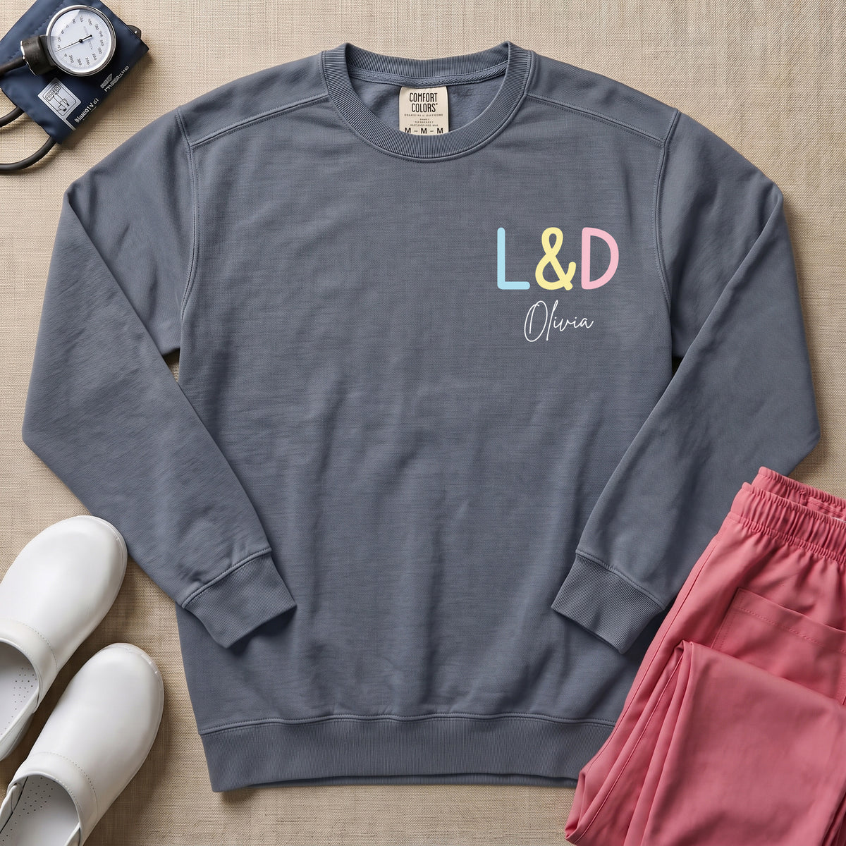 Funny Womb Service We Deliver Stork L&D Two-Sided Personalized Sweatshirt - Blue Jean Comfort Colors Sweatshirt | HugTee
