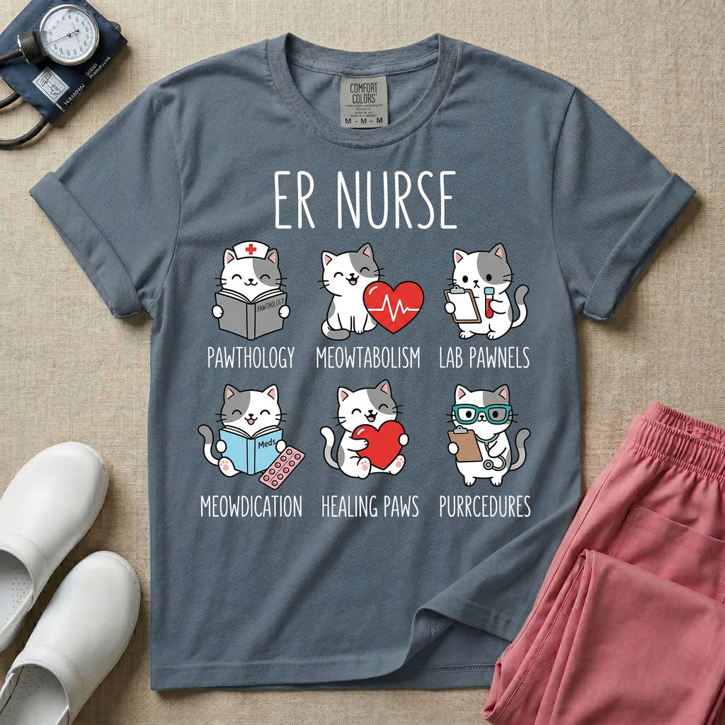 A funny t-shirt for emergency room nurses featuring the text "ER NURSE" above a grid of six cute cartoon cats demonstrating medical puns, including a cat reading for "PAWTHOLOGY", a cat with an ECG heart for "MEOWTABOLISM", a cat holding a test tube for "LAB PAWNELS", a cat with pills for "MEOWDICATION", a cat holding a heart for "HEALING PAWS", and a cat with a stethoscope for "PURRCEDURES".