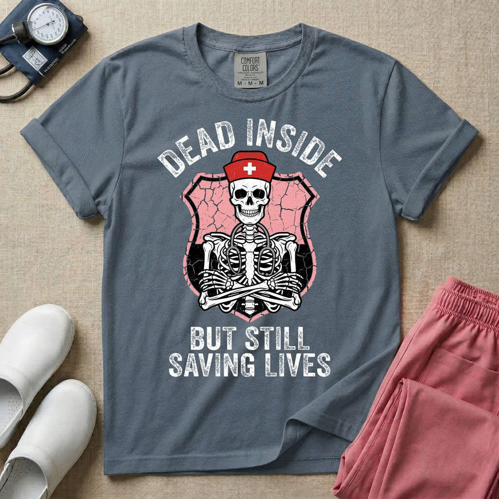General nursing nurse t-shirt with a funny skeleton dead inside but still saving lives graphic in blue jean color.