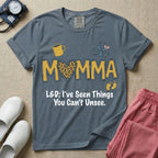 Labor and Delivery L&D nurse t-shirt with leopard print momma text and funny I've seen things you can't unsee graphic in blue jean color.