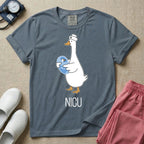 A t-shirt featuring an illustration of a white silly goose wearing a nurse's cap and holding a baby goose swaddled in a blue blanket, with the text NICU printed below.