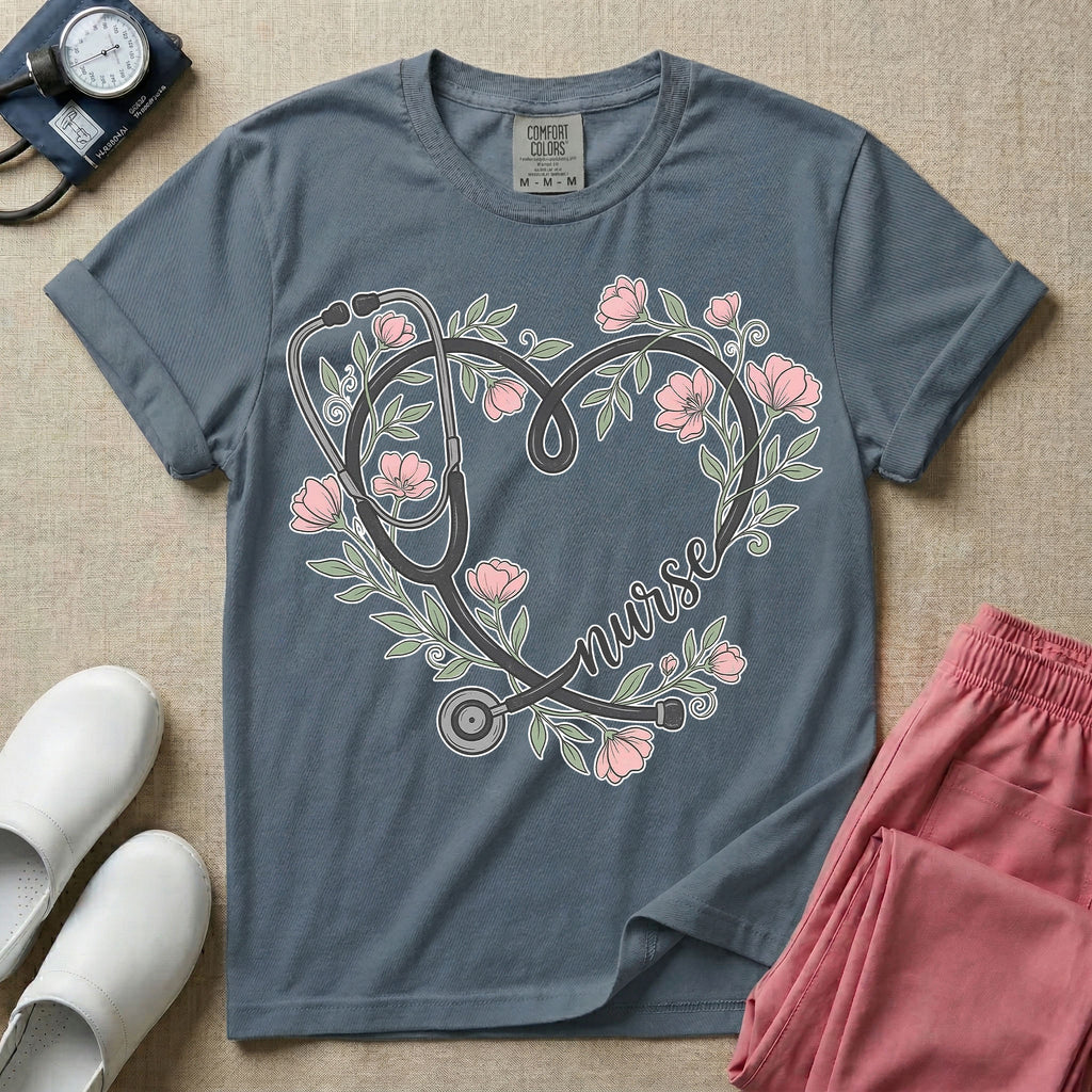 General nursing t-shirt featuring a heart-shaped stethoscope design intertwined with pink flowers and the cursive text "nurse".