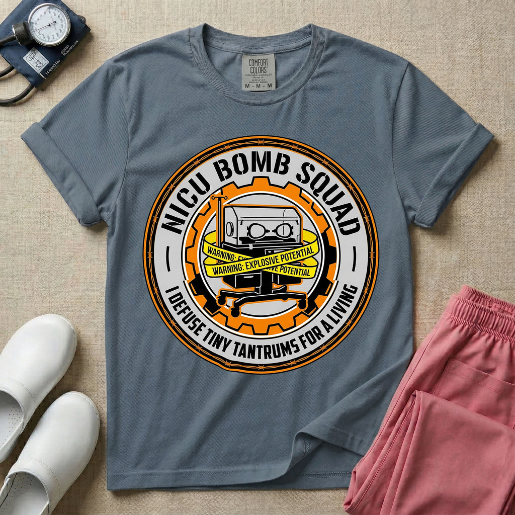 Neonatal Intensive Care Unit NICU nurse t-shirt with funny bomb squad defusing tiny tantrums graphic in blue jean color.