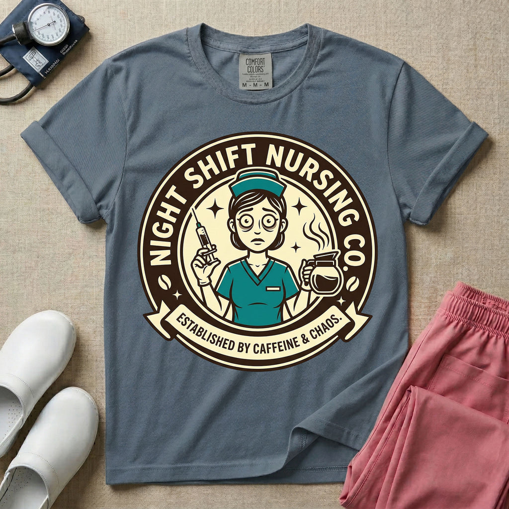 General nursing night shift nurse t-shirt with a retro vintage exhausted nurse holding coffee and a syringe established by caffeine and chaos graphic in blue jean color.